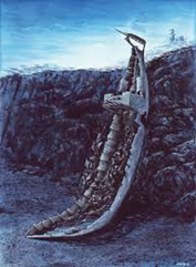 Illustration of a large curved metal object resting against rocks