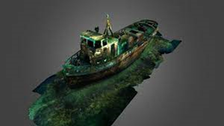 3D scan of a sunken tug boat wreck on a grey background